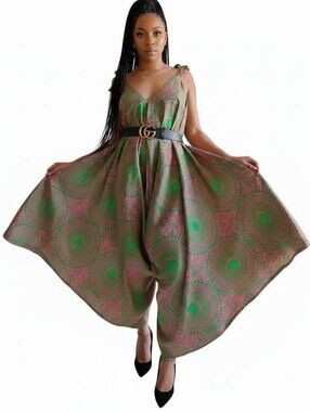 Printed Green & Pink Tie-Strap Wide-Leg Jumpsuit